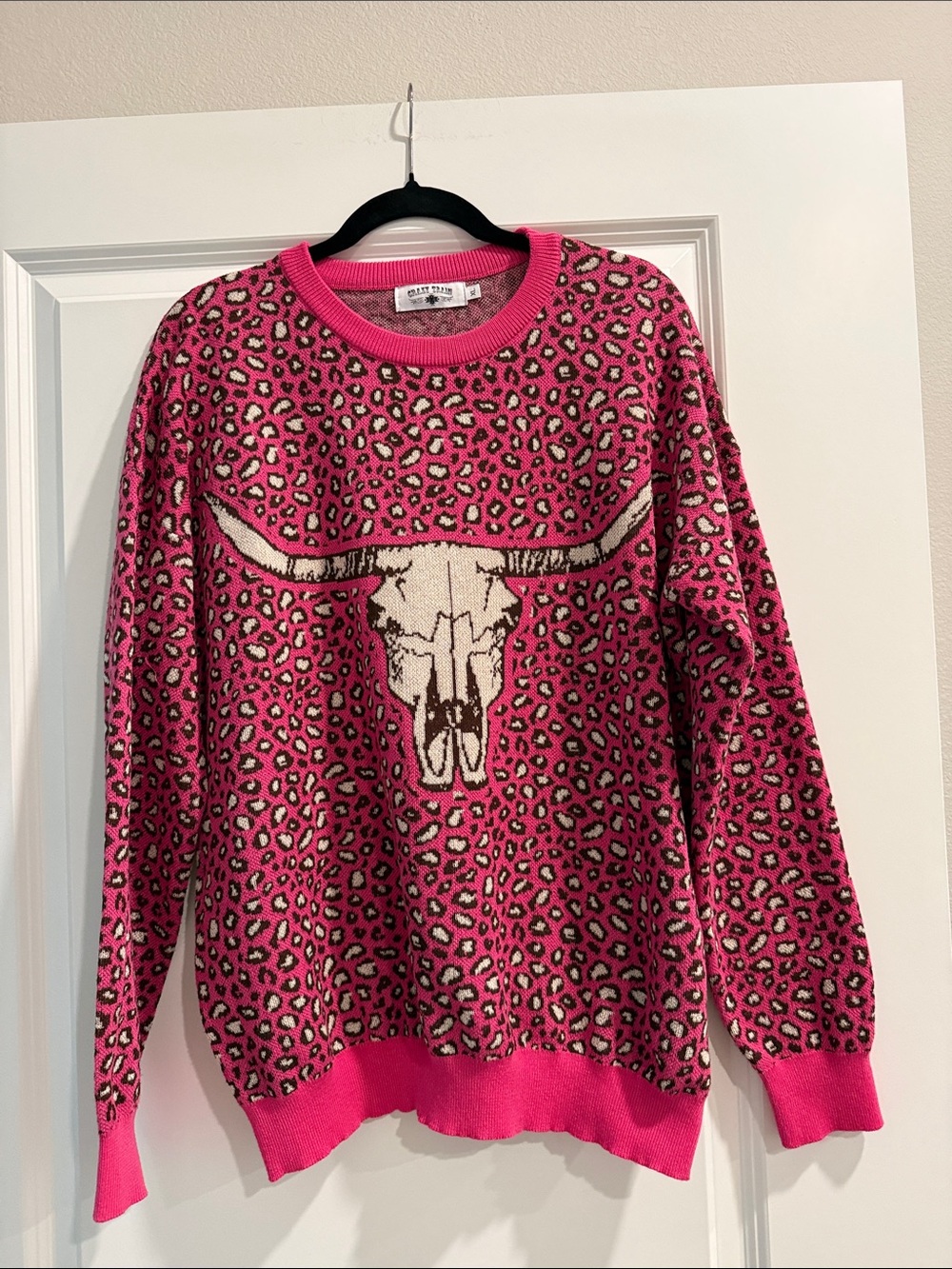Crazy Train Leopard Print Skull Crewneck Sweater - Hot Pink sz xl